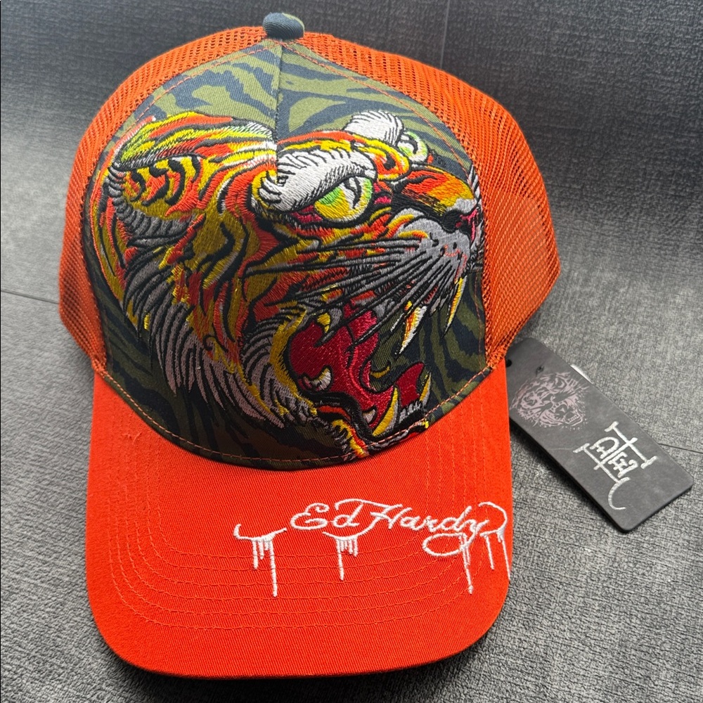 Orange Tiger Embroidered Ed Hardy Trucker Style Snap Back Hat
